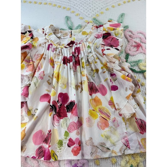 Fairhope Floral Ruffle Sleeve Top Pintuck Detail White Pink Yellow L - Picture 5 of 6